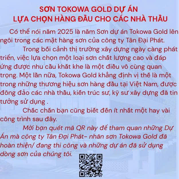 SƠN TOKOWA GOLD DỰ ÁN - LỰA CHỌN HÀNG ĐẦU CHO CÁC NHÀ THẦU