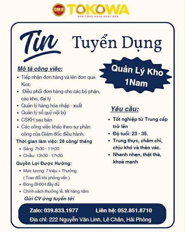 TOKOWA GOLD - THÔNG BÁO TUYỂN DỤNG NHÂN VIÊN MỚI